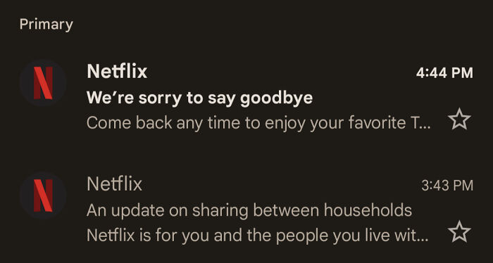 Screenshot of Netflix email notifications showing a goodbye message and update on household sharing, a funny photo about goodbye.