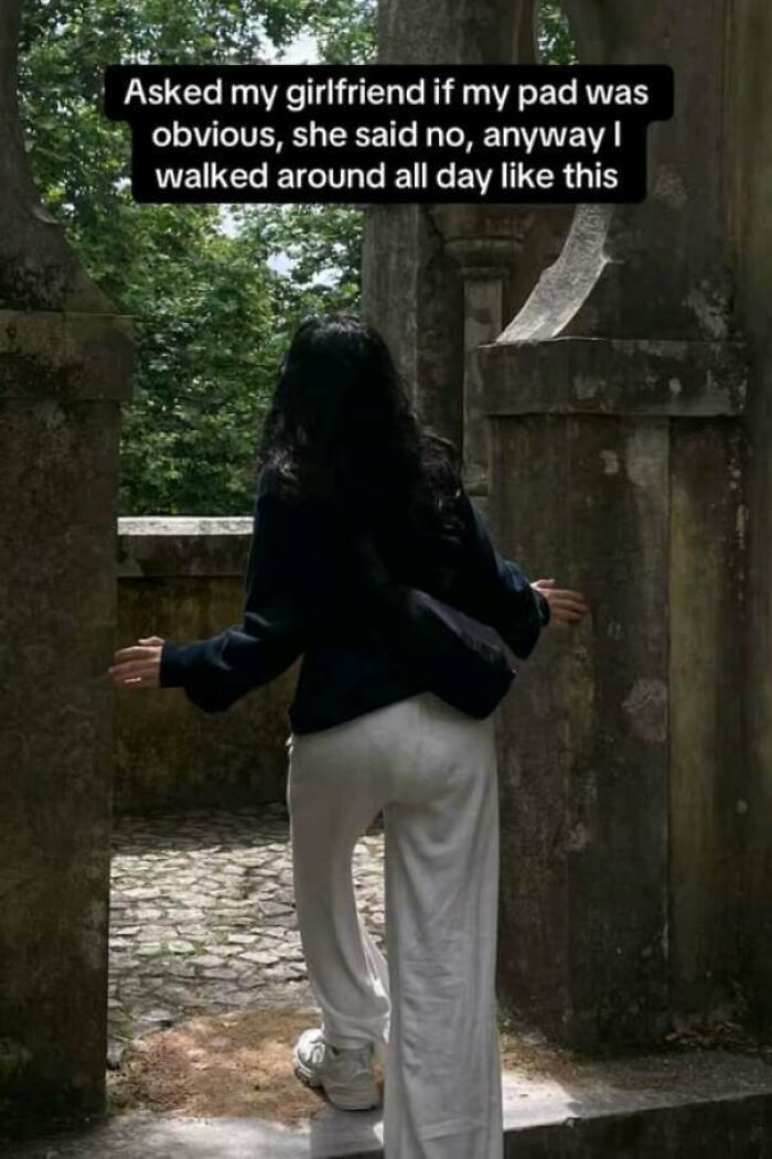 Person walking outdoors with a visible pad, highlighting one of partners’ most ridiculously frustrating habits shared online.