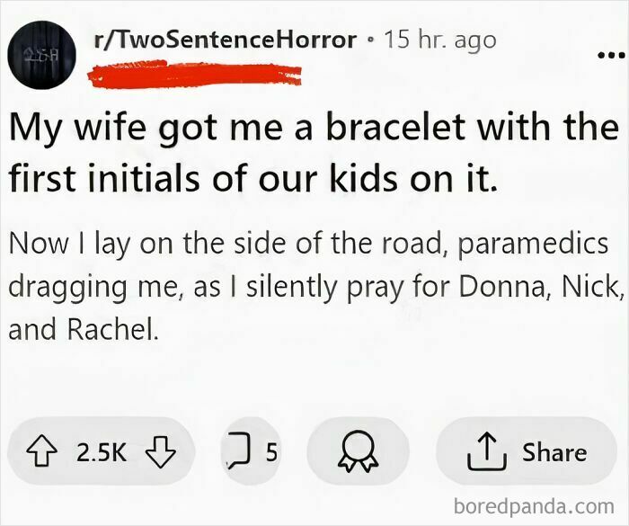 Reddit post from TwoSentenceHorror sharing a dark, entertaining meme about a bracelet with kids’ initials and a chilling scenario.