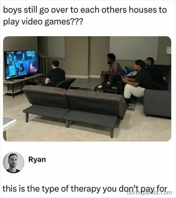 Four young men playing video games together in a living room, showcasing entertaining and unhinged meme humor.