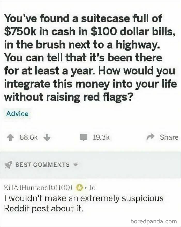 Screenshot of a random meme asking how to integrate $750k cash found in the bush without raising red flags, with a humorous comment.