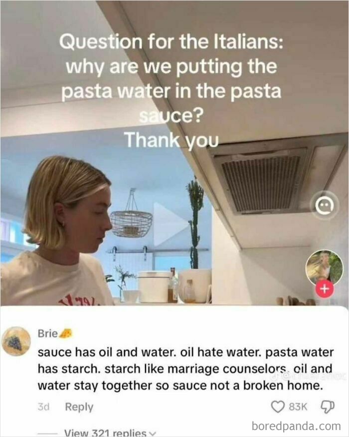 Person reading a humorous comment about pasta water and sauce, part of random memes that are entertaining and unhinged.