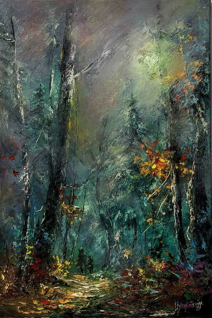 Abstract forest painting with textured trees and colorful foliage, capturing a moody and healing DIY atmosphere.