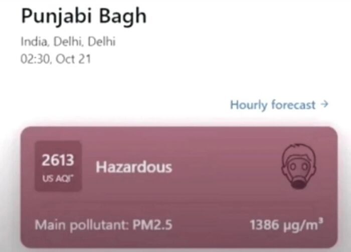 Air quality index showing hazardous pollution levels with PM2.5 in Punjabi Bagh, Delhi, depicting a dystopian nightmare scene.