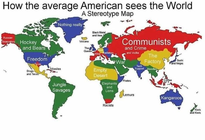 Humorous stereotype world map illustrating how the average American sees different countries in a funny geography meme.