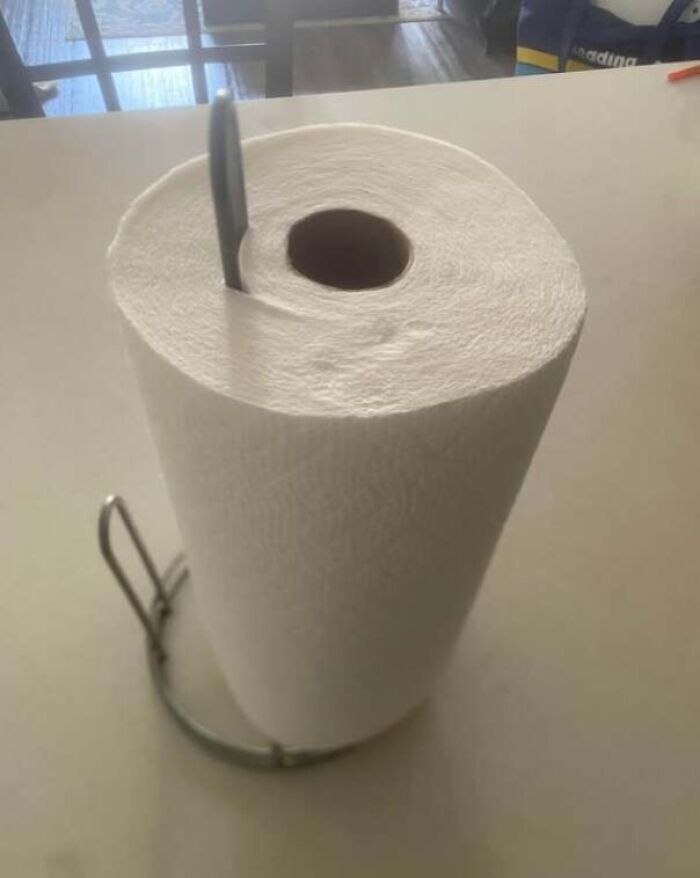 Roll of paper towels placed incorrectly with the roll held upright on the holder, illustrating frustrating partner habits.