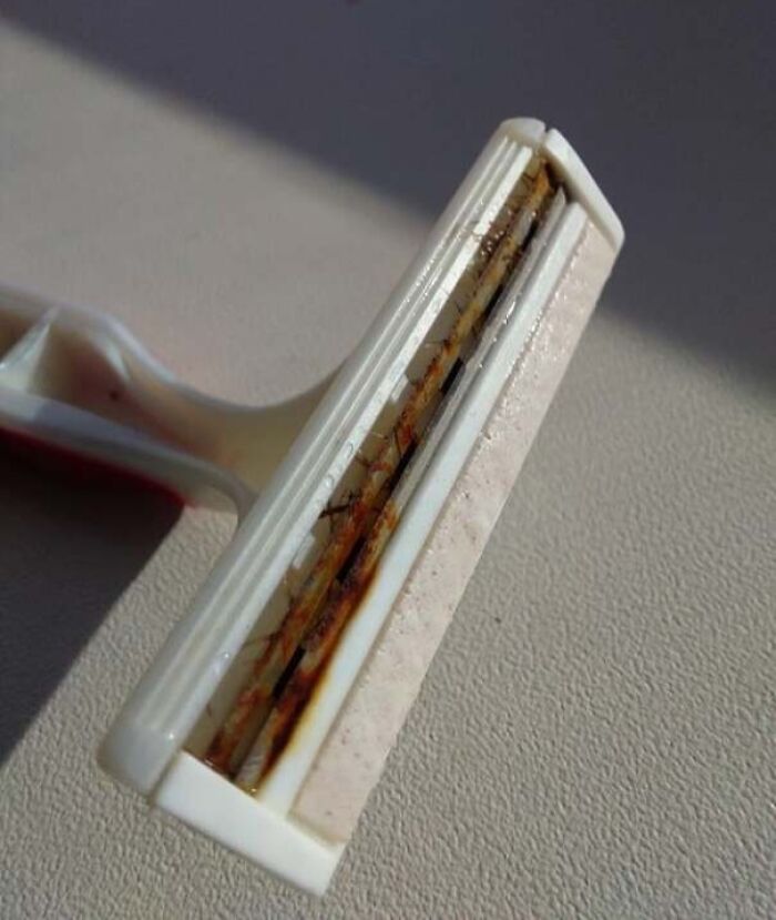 Rusty razor with hair stuck on blades, showing a partner's frustrating habits in daily grooming routine.