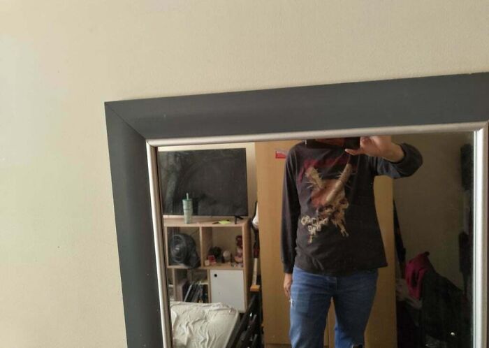 Person taking a mirror selfie showing a t-shirt featuring an eagle, illustrating partners’ frustrating habits photo shared online.