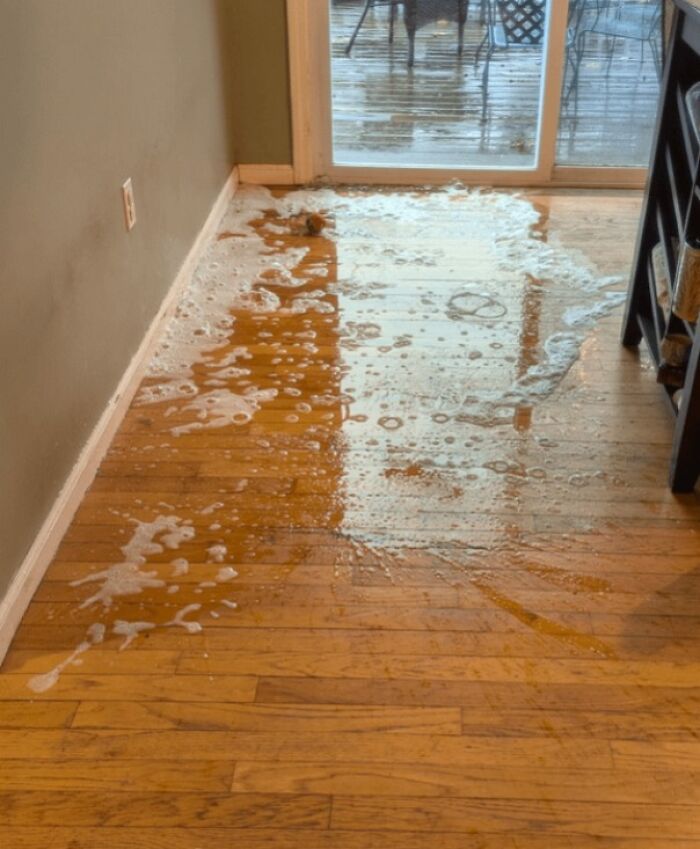 Wood floor flooded with soapy water near sliding glass door illustrating partners’ frustrating habits at home.