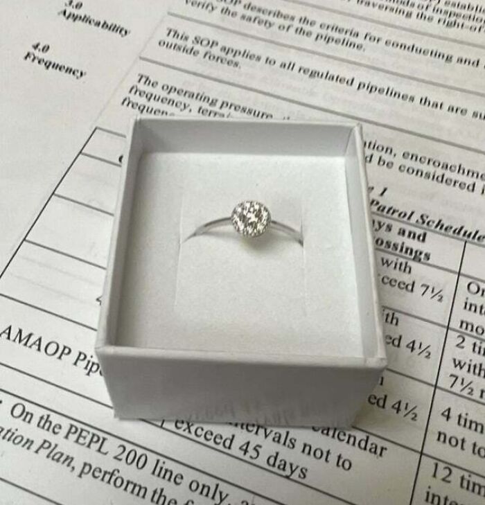 Close-up of a solitaire ring in a box, highlighting a frustrating partner habit shared in popular photo collections.