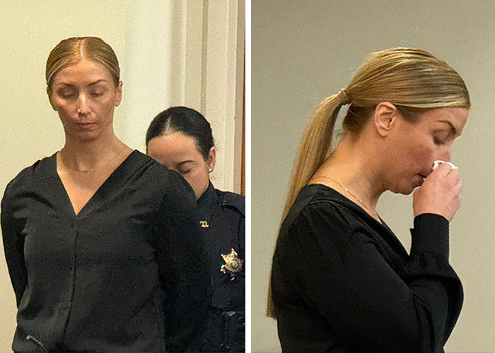 Woman in black shirt escorted by officer and woman wiping tears in courtroom after judge fires back at teacher incident.
