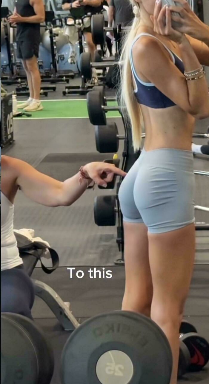 People who didn't even try to look natural on social media, woman pointing to another woman's b**t.