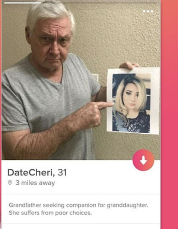 Older man in gray shirt holding photo of young woman in crazy Tinder profile from 54 Tinder profiles that went off the rails.
