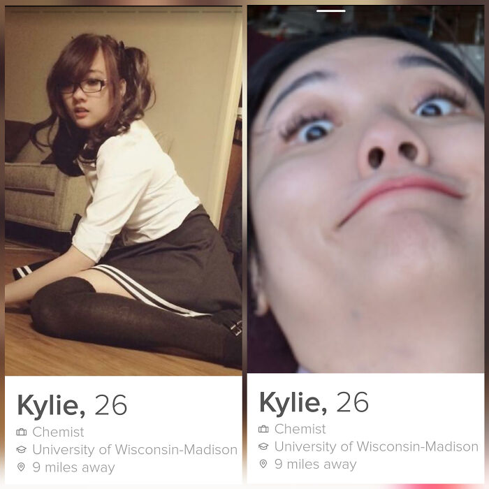 Side-by-side Tinder profiles of Kylie, 26, showing contrasting photos in an off the rails dating profile example.