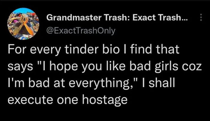 Screenshot of a Twitter post humorously commenting on unusual Tinder profiles that went off the rails.