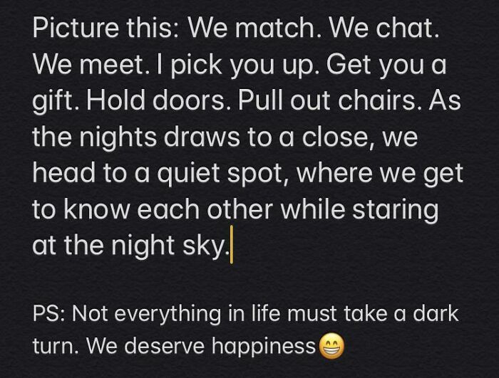 Text about meeting, chatting, and getting to know each other, related to Tinder profiles that went off the rails.