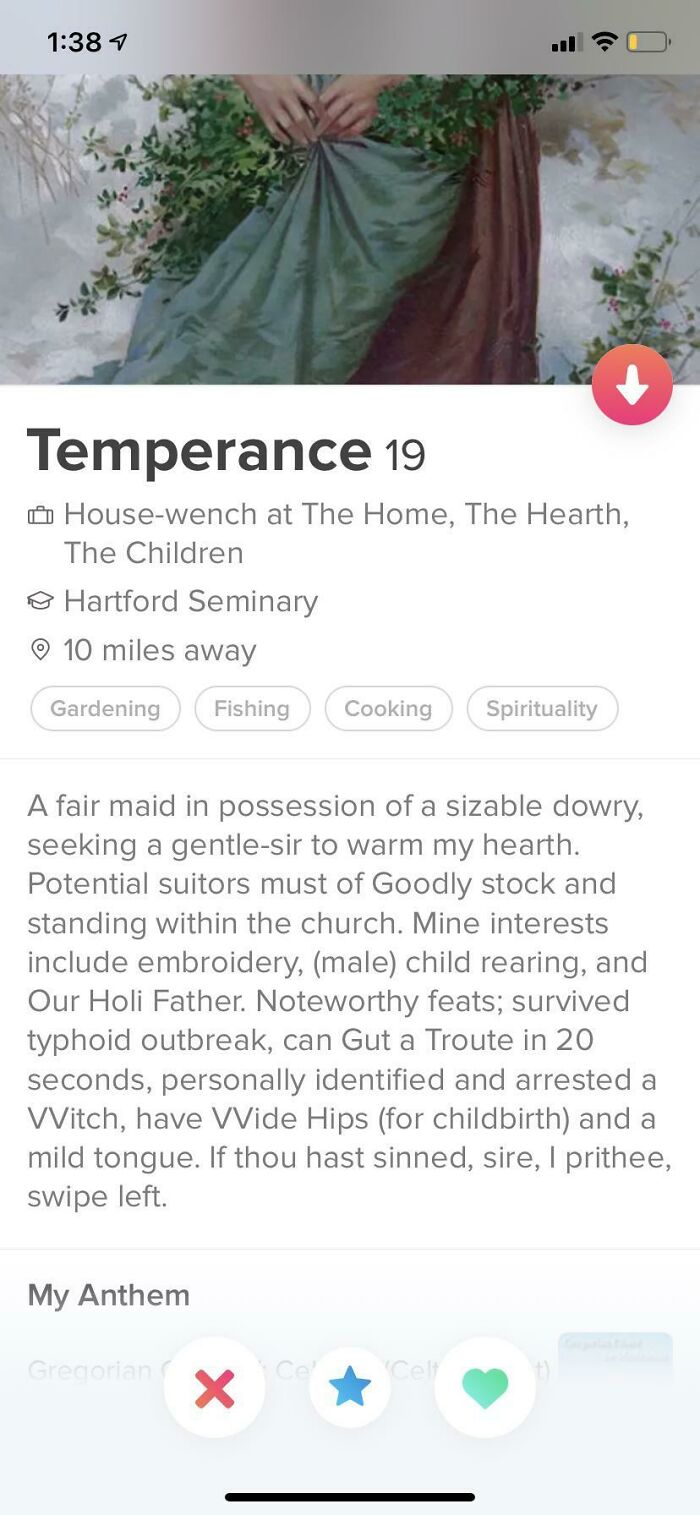 Tinder profile of Temperance 19 with vintage style and old-fashioned language humorously off the rails.