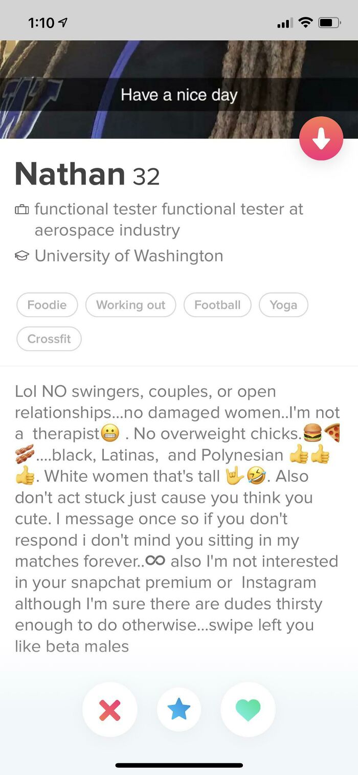 Tinder profile of Nathan, 32, detailing strict dating preferences and fitness interests in a casual, bold tone.