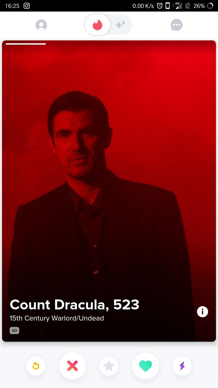 Tinder profile of Count Dracula with red background, dark suit, highlighting bizarre and off the rails dating profiles.