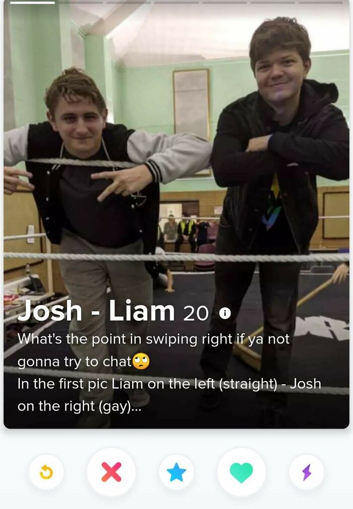 Two young men posing inside a wrestling ring featured in quirky Tinder profiles that went off the rails.
