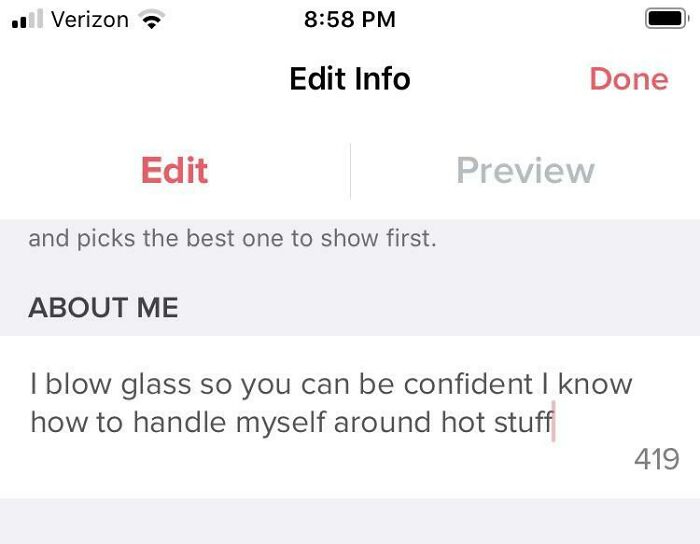 Tinder profile with a humorous bio about blowing glass and handling hot stuff for dating profiles that went off the rails.