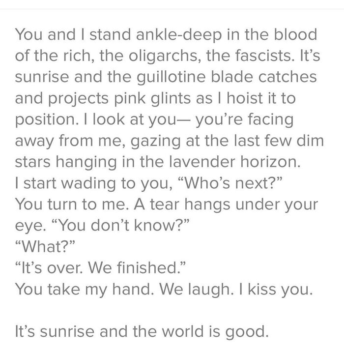 Text post from a Tinder profile with poetic and dramatic language describing a dark, intense emotional scene.