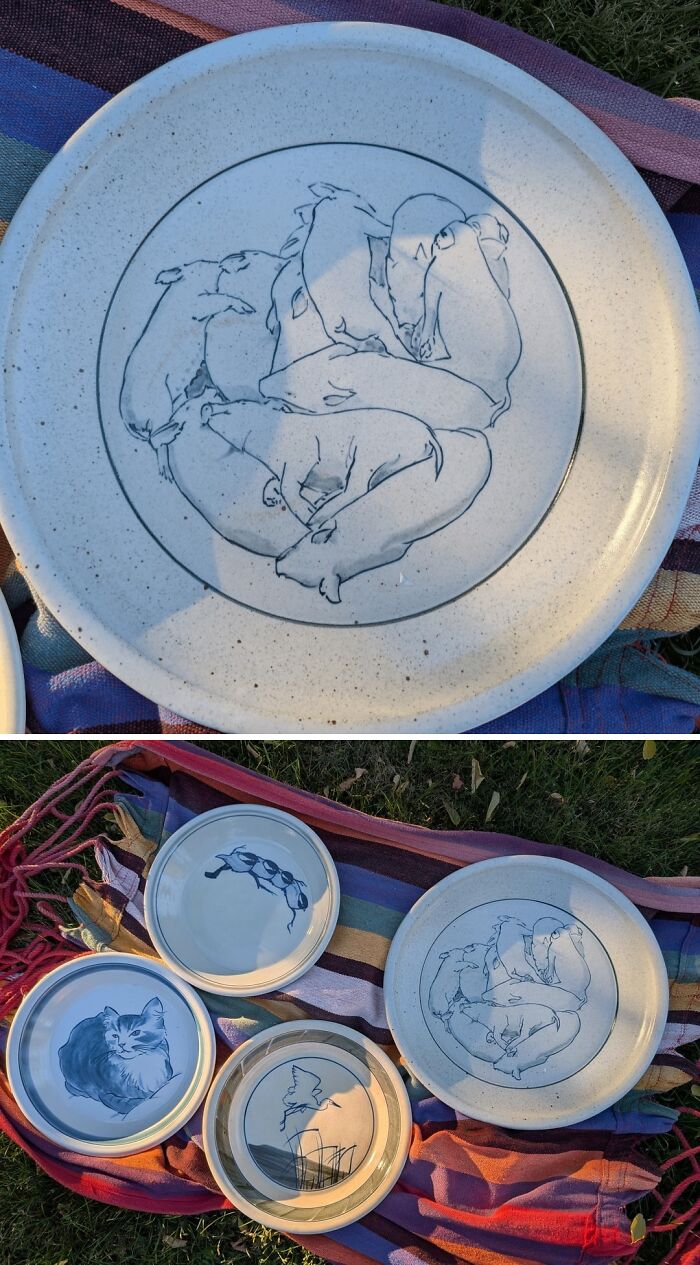 Set of thrift store find plates with animal illustrations, displayed on a colorful striped blanket outdoors.