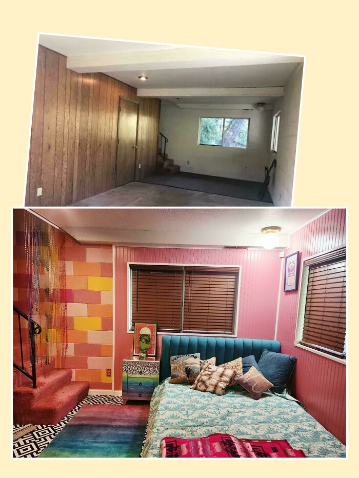 Before and after photos of a home room transformation with vibrant colors and eclectic decor, embracing more is more style.