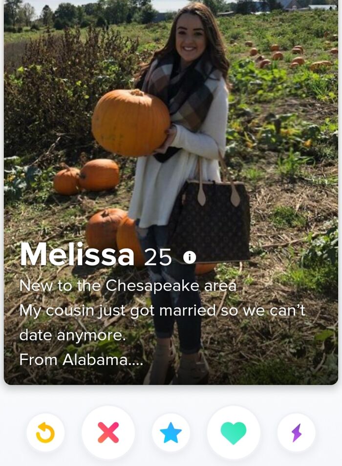 Young woman holding a pumpkin in a patch on a Tinder profile from the collection of Tinder profiles that went off the rails.