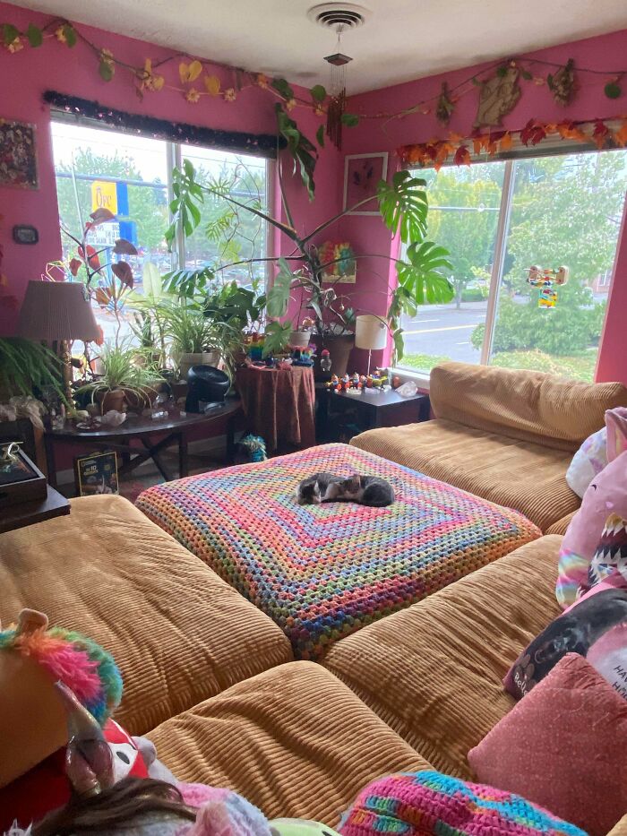 Cozy vibrant living room with colorful crochet blanket, abundant houseplants, and eclectic decor embracing more is more home style.