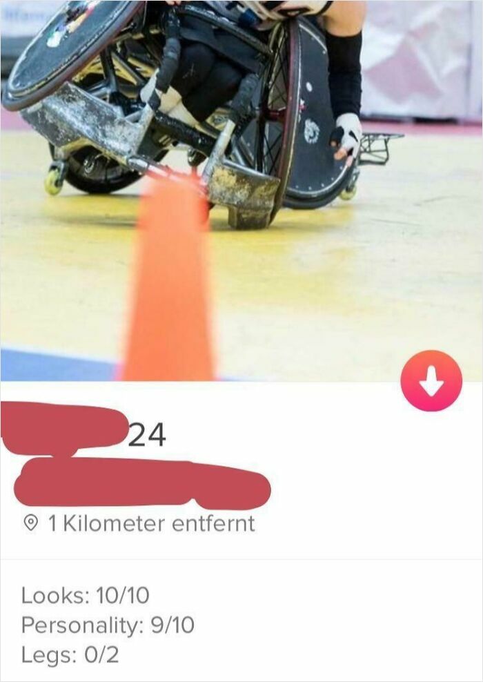 Tinder profile humor showing a wheelchair athlete rating looks and personality but legs as zero in a unique off the rails bio.
