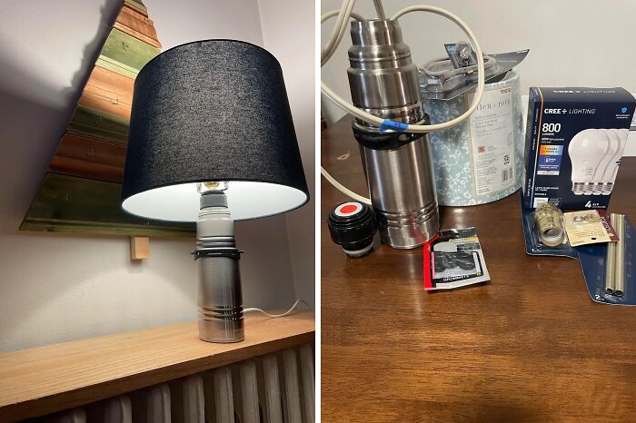 DIY project lamp made from repurposed household items including a metal container and light bulbs, showing a deeply cursed design.