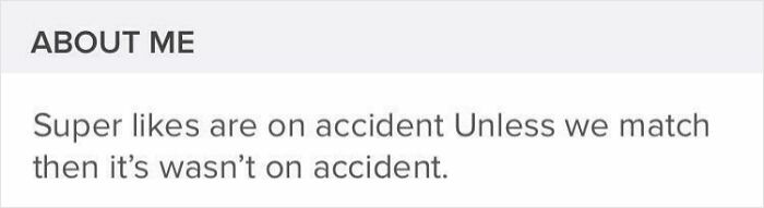 Tinder profile bio with a humorous typo about super likes and matching in a dating app profile example.