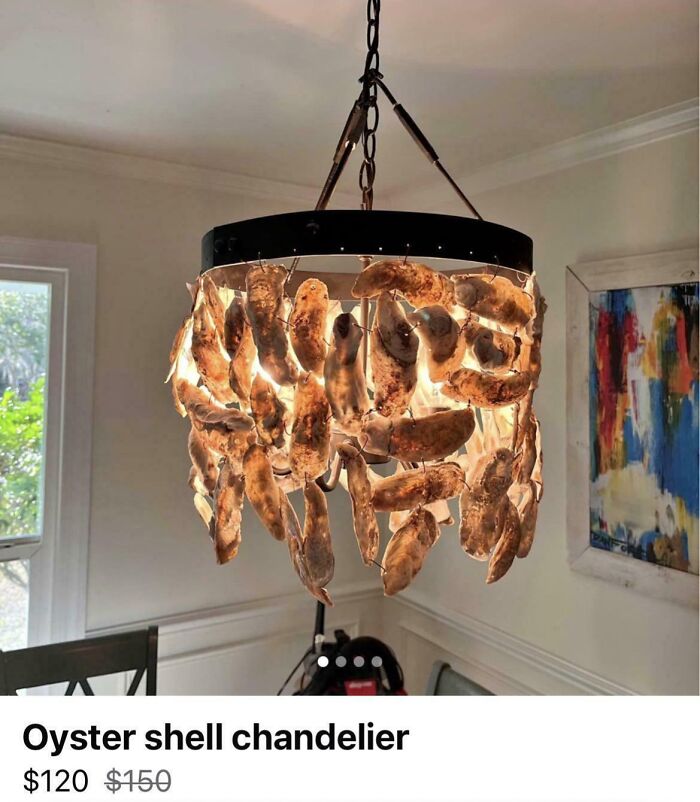 DIY project chandelier made from oyster shells hanging in a dining room, showcasing a deeply cursed creative idea.