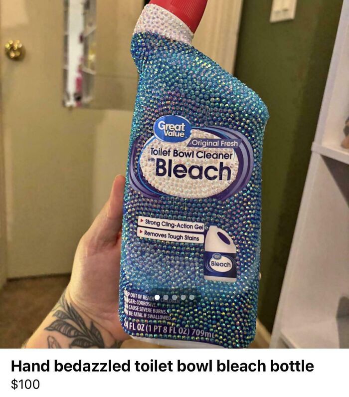 Hand bedazzled toilet bowl bleach bottle showcasing a DIY project with a deeply cursed and quirky design.