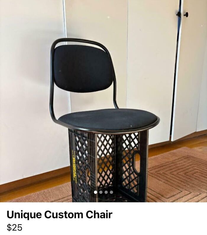 DIY project gone wrong with a chair made from a plastic crate and metal frame, showcasing a deeply cursed custom design.