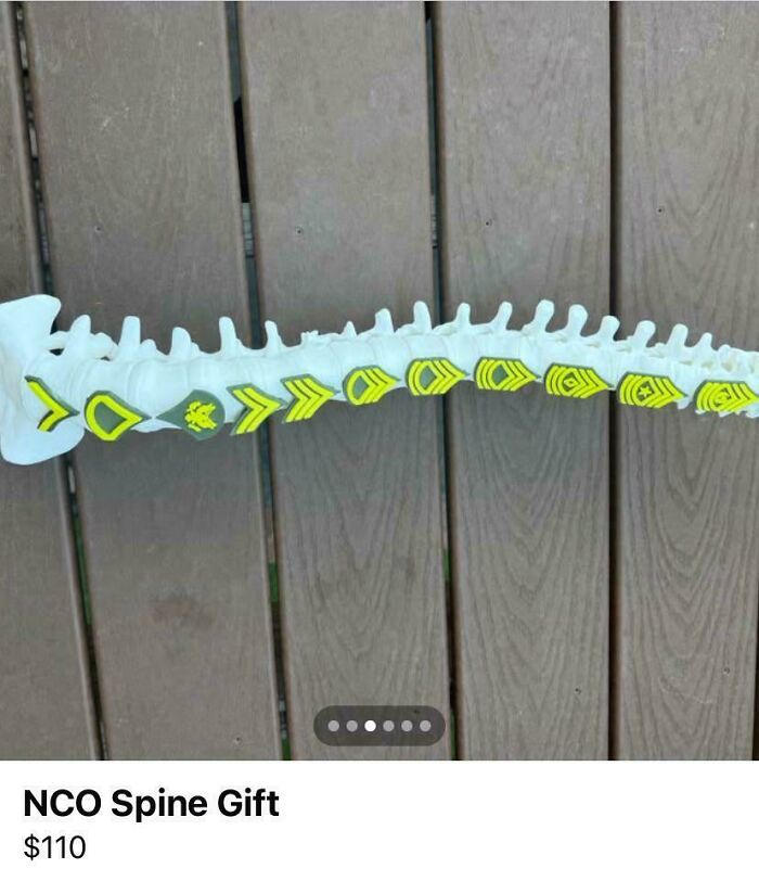 Model spine painted with yellow designs as a deeply cursed DIY project displayed on wooden surface.