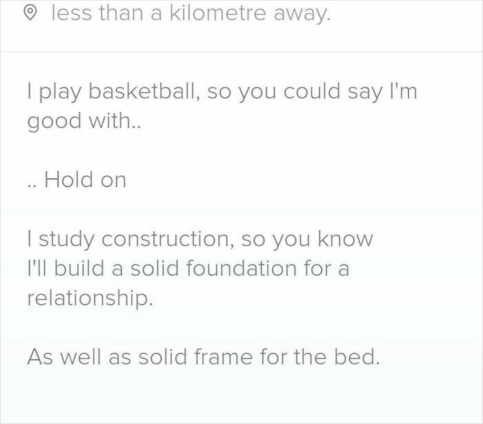 Tinder profile humor about building a solid foundation for relationships and a bed, showcasing off the rails creativity.