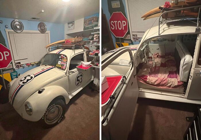 Vintage Volkswagen Beetle converted into an indoor bed setup, showing a deeply cursed DIY project in a cluttered room.