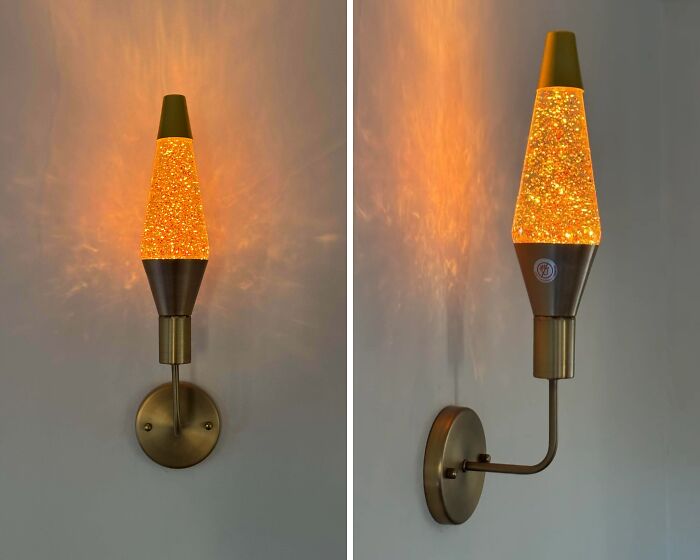 Glittery orange lava lamp wall sconce casting an eerie glow, showcasing a DIY project with deeply cursed lighting effects.