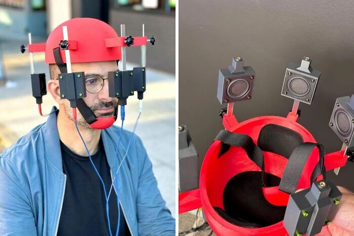 Man wearing a strange red DIY headset with mounted speakers, illustrating a deeply cursed DIY project attempt.
