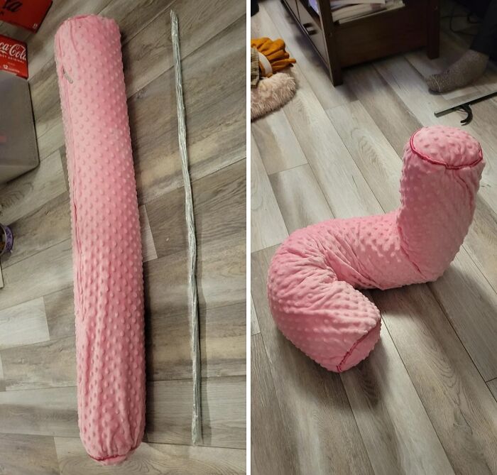 Pink DIY project object on floor transforms from straight to twisted, showcasing a deeply cursed and unusual craft attempt.
