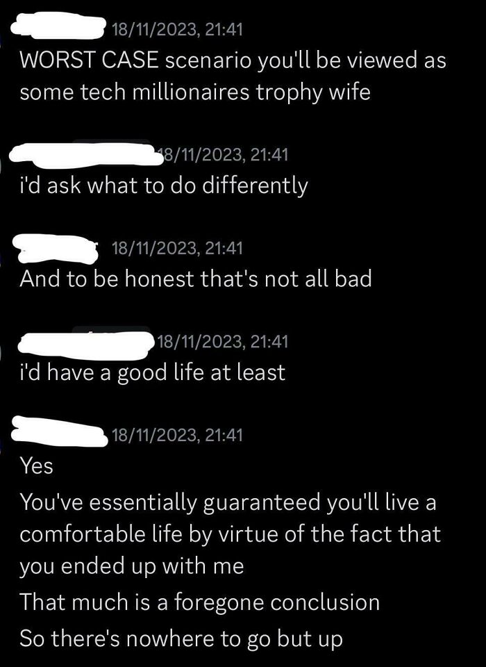 Screenshot of a text conversation showing men’s entitlement with comments about a trophy wife and guaranteed comfort.