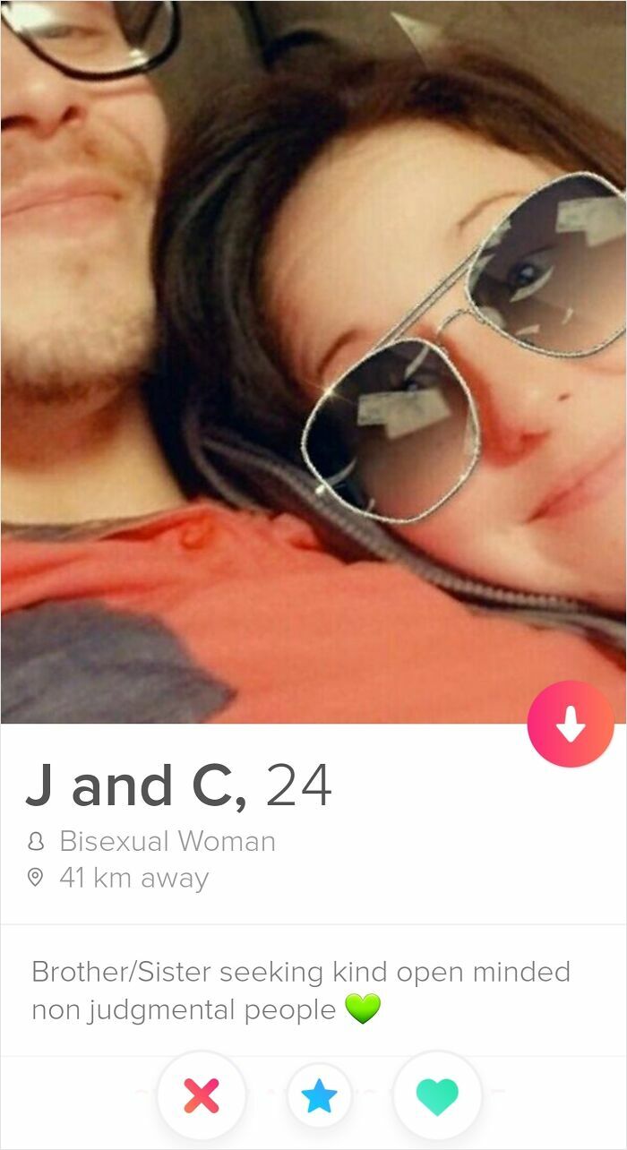 Photo of a Tinder profile showing a bisexual woman and brother/sister seeking open minded people, illustrating off the rails profiles.