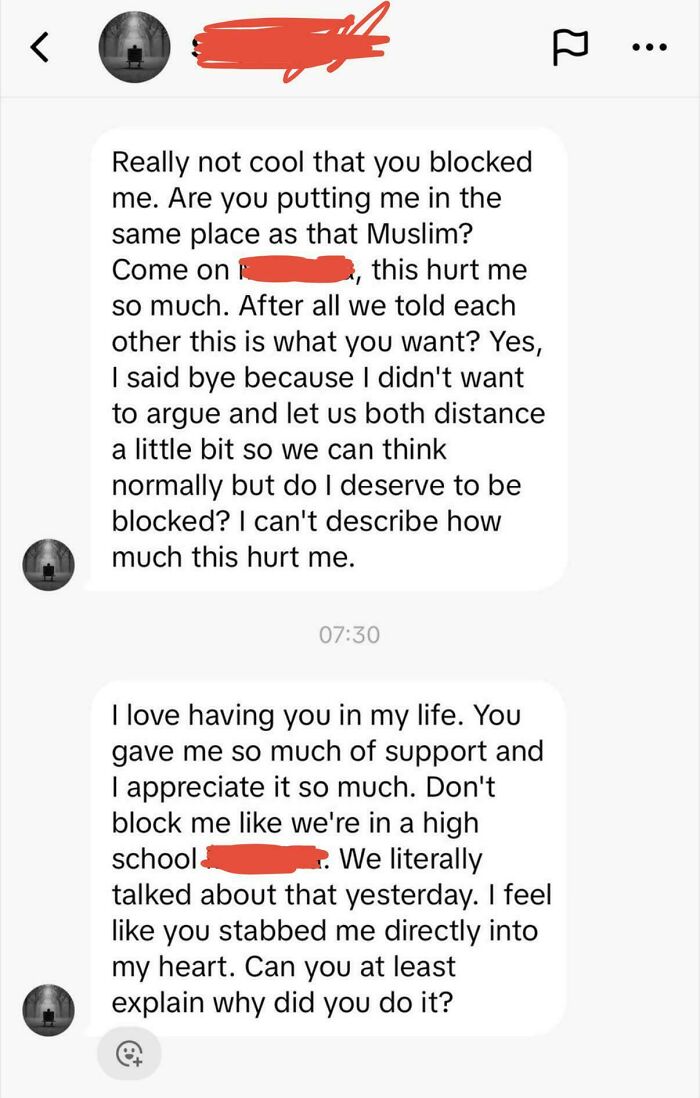 Screenshot of a message revealing men’s entitlement through emotional manipulation and persistent demands after being blocked.