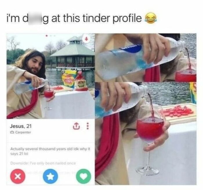 Man dressed as Jesus on a Tinder profile humorously pouring red liquid into a wine glass outdoors by the water.