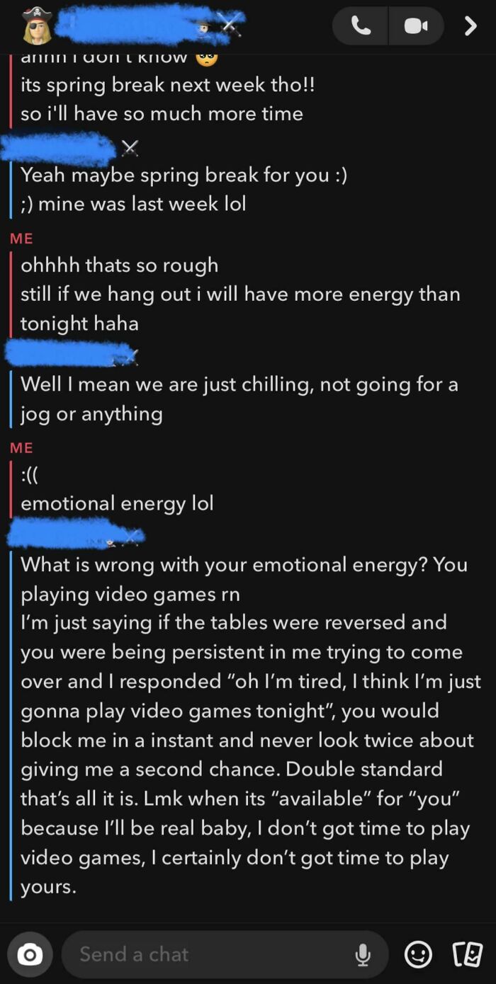Text message conversation showing a man’s entitlement and double standards in emotional energy and time availability.