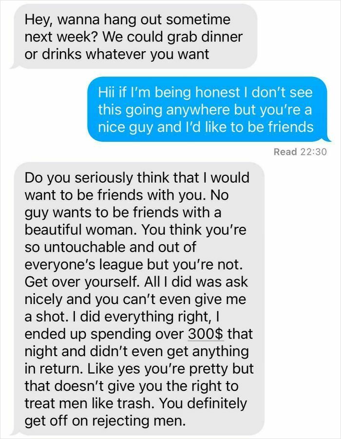 Text message exchange showing a man displaying extreme entitlement after being politely rejected by a woman.