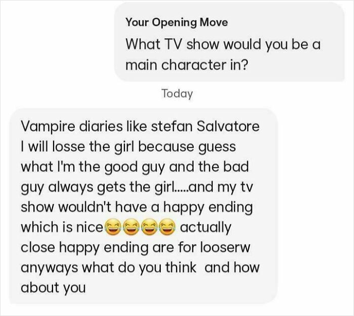 Text message conversation showing a man expressing entitlement over love and happy endings in TV shows.