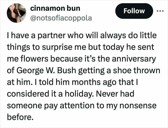 Social media post showing a cynical and hilarious meme about surprising gestures and anniversaries.